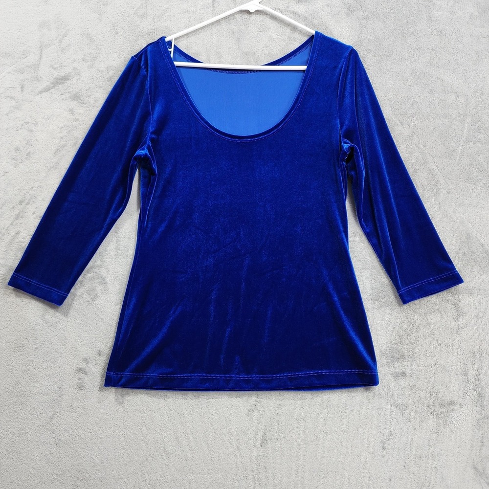 Boston Proper Top Womens M Blue Velvet Scoop Neck 3/4 Sleeve Stretch Pullover
